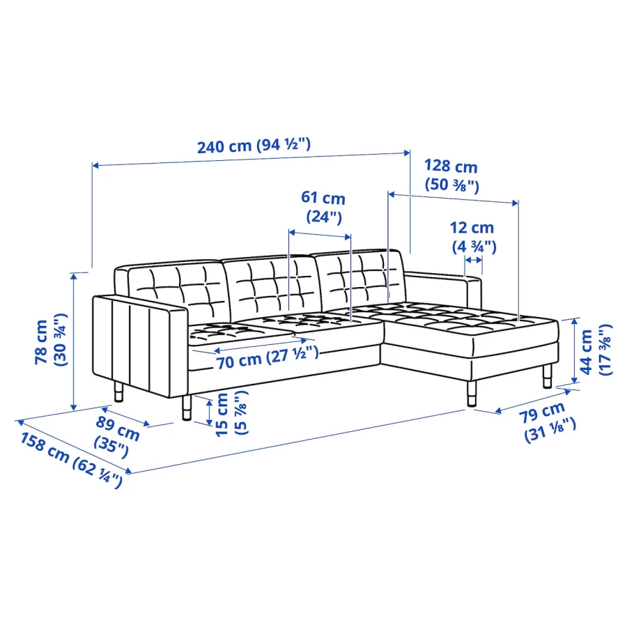 3-местный диван с шезлонгом - IKEA LANDSKRONA, 89x240см, бежевый, ЛАНДСКРУНА ИКЕА (изображение №3)
