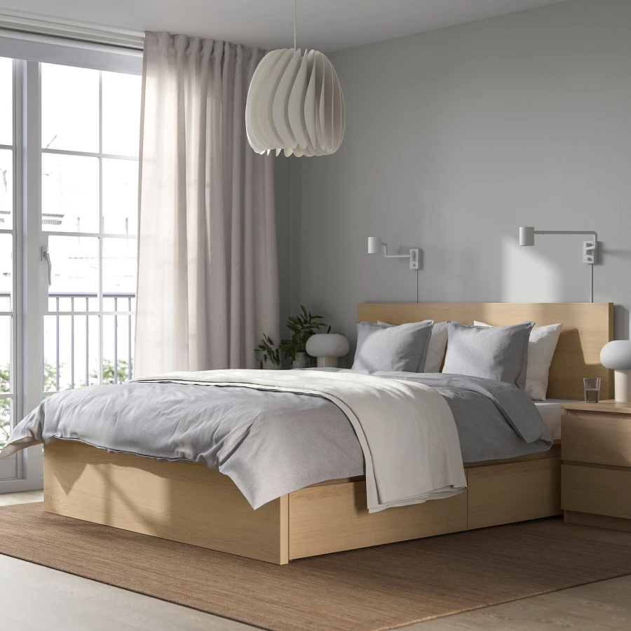 Каркас кровати с 4 ящиками для хранения - IKEA MALM/LОNSET/LÖNSET , 140х200 см, дубовый шпон, беленый МАЛЬМ/ЛОНСЕТ ИКЕА (изображение №3)