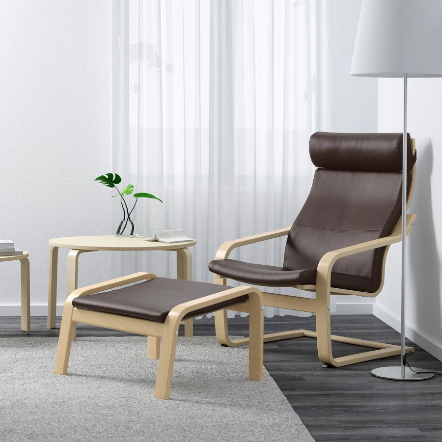 Кресло с подставкой для ног - IKEA POÄNG/POANG/ИКЕА ПОЭНГ , 100х82х68см, березовый шпон/глос темно-коричневый (изображение №4)