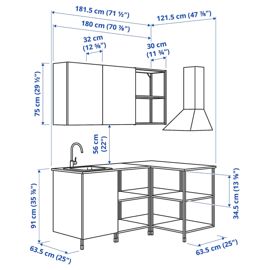 Угловая кухонная комбинация для хранения - ENHET  IKEA/ ЭНХЕТ ИКЕА, 181,5х121,5х75 см, белый/бежевый (изображение №3)