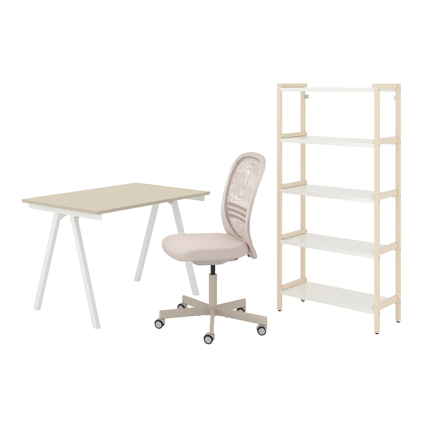 Комбинация: письменный стол, стеллаж и стул - IKEA TROTTEN/FLINTAN/EKENABBEN 120х70 см, 69.5х34.5х154 см, бежевый/белый/под беленый дуб, ТРОТТЕН/ФЛИНТАН/ЭКЕНАББЕН ИКЕА