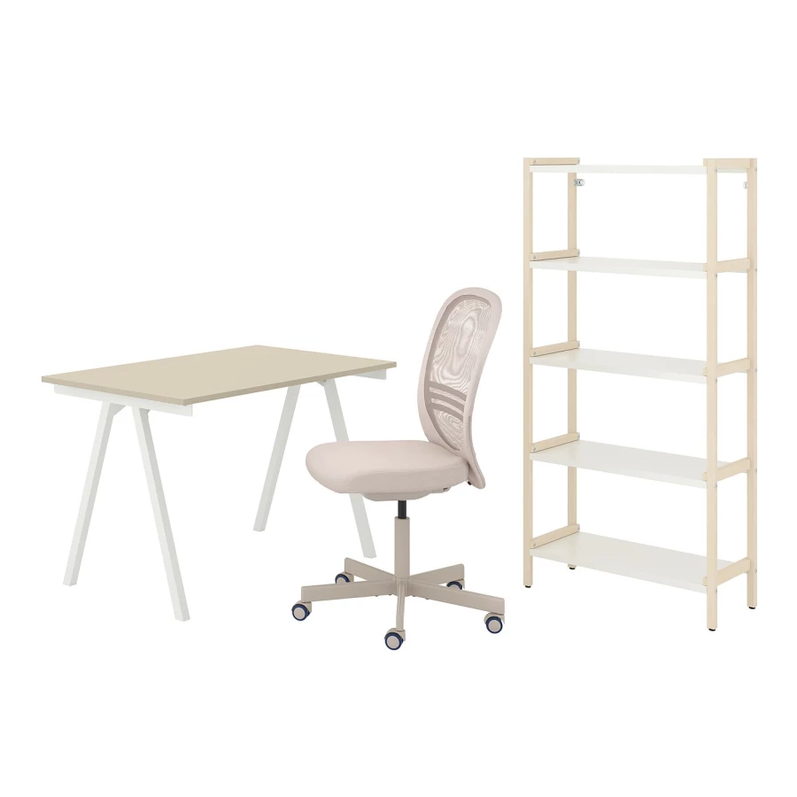 Комбинация: письменный стол, стеллаж и стул - IKEA TROTTEN/FLINTAN/EKENABBEN 120х70 см, 69.5х34.5х154 см, бежевый/белый/под беленый дуб, ТРОТТЕН/ФЛИНТАН/ЭКЕНАББЕН ИКЕА (изображение №1)
