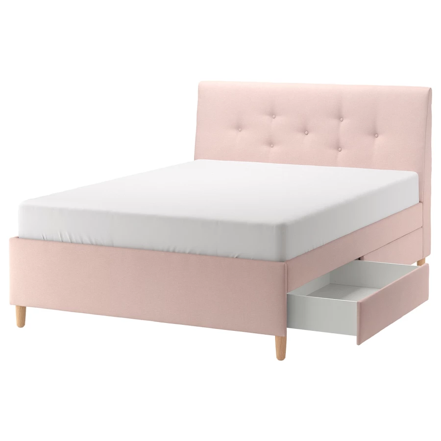 Кровать мягкая с ящиками - IKEA IDANÄS/IDANAS, 200х160 см, бледно розовая, ИДАНЭС ИКЕА (изображение №1)
