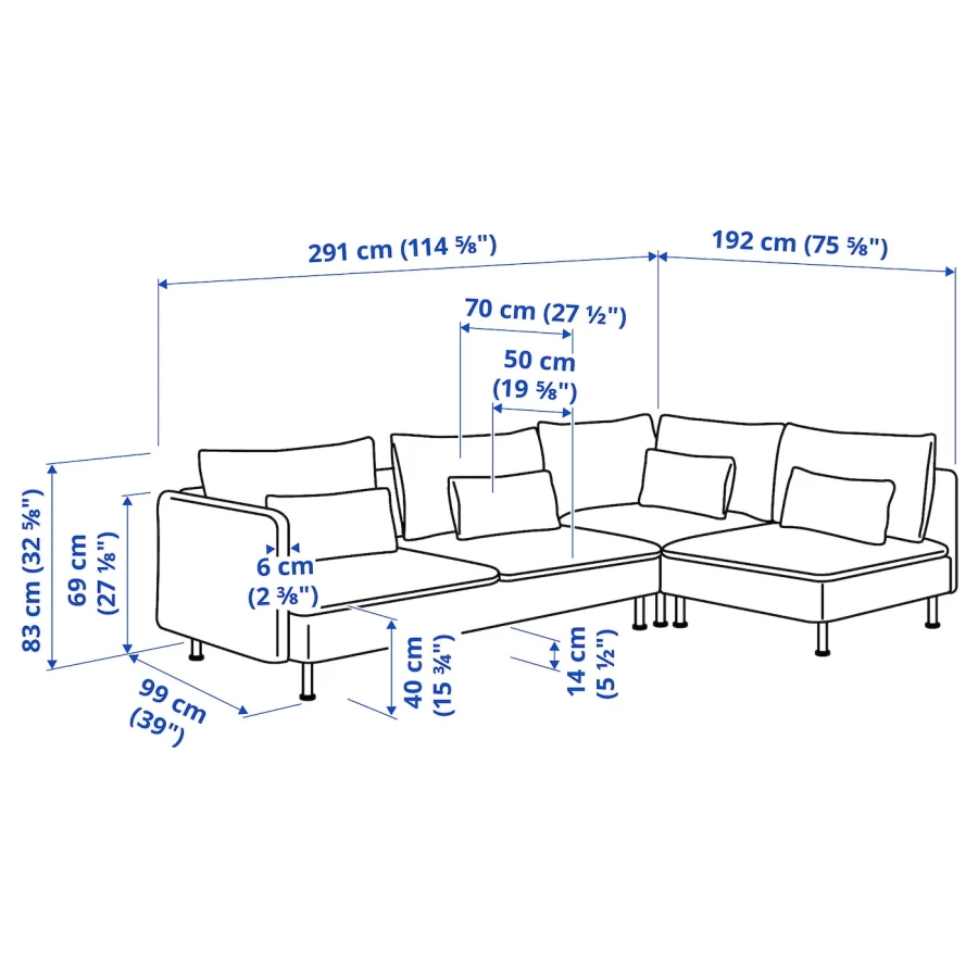 4-местный угловой диван - IKEA SÖDERHAMN/SODERHAMN, 99x192/291см, серый, СЕДЕРХАМН ИКЕА (изображение №8)
