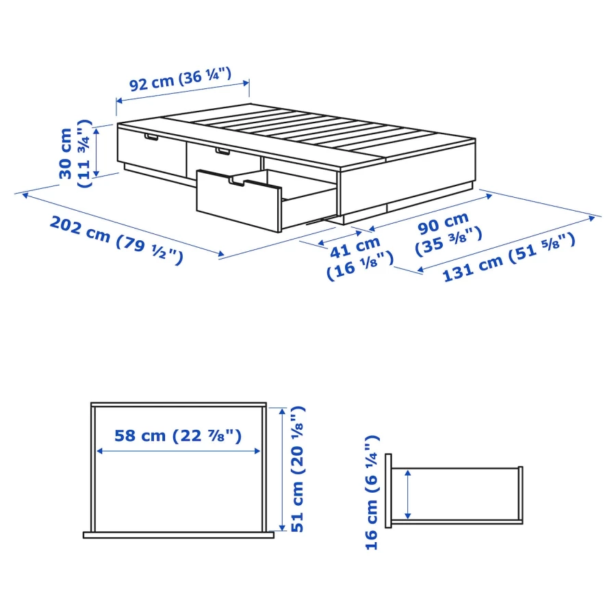 Каркас кровати с местом для хранения и матрасом - IKEA NORDLI, 200х90 см, матрас средне-жесткий, черный, НОРДЛИ ИКЕА (изображение №12)