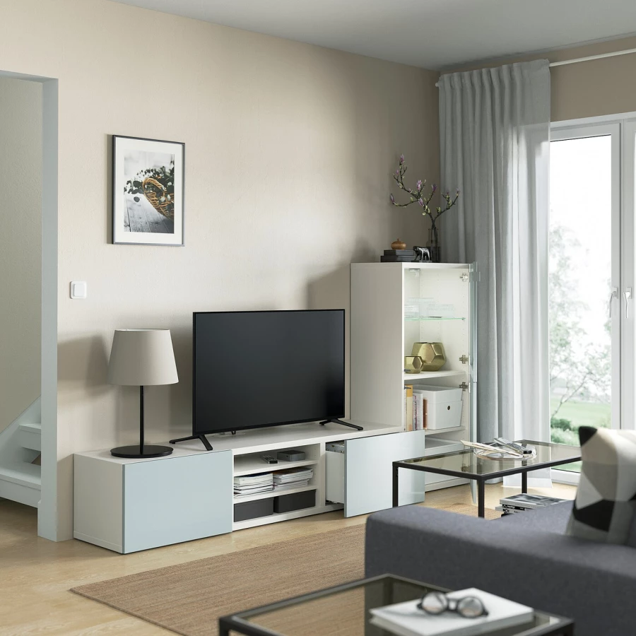 Комбинация для хранения ТВ - IKEA BESTÅ/BESTA, 129x42x240см, белый/голубой, БЕСТО ИКЕА (изображение №2)
