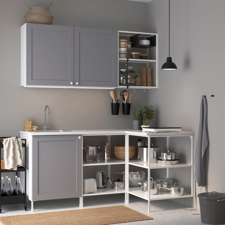 Угловая кухонная комбинация для хранения - ENHET  IKEA/ ЭНХЕТ ИКЕА, 181,5х121,5х75 см, белый/серый (изображение №2)