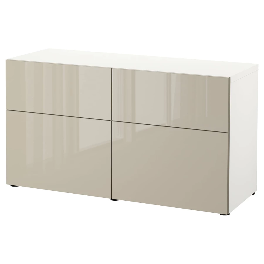 Комбинация для хранения - IKEA BESTÅ/BESTA, 120х42х65 см, серо-бежевый глянец/белый, БЕСТО ИКЕА (изображение №1)