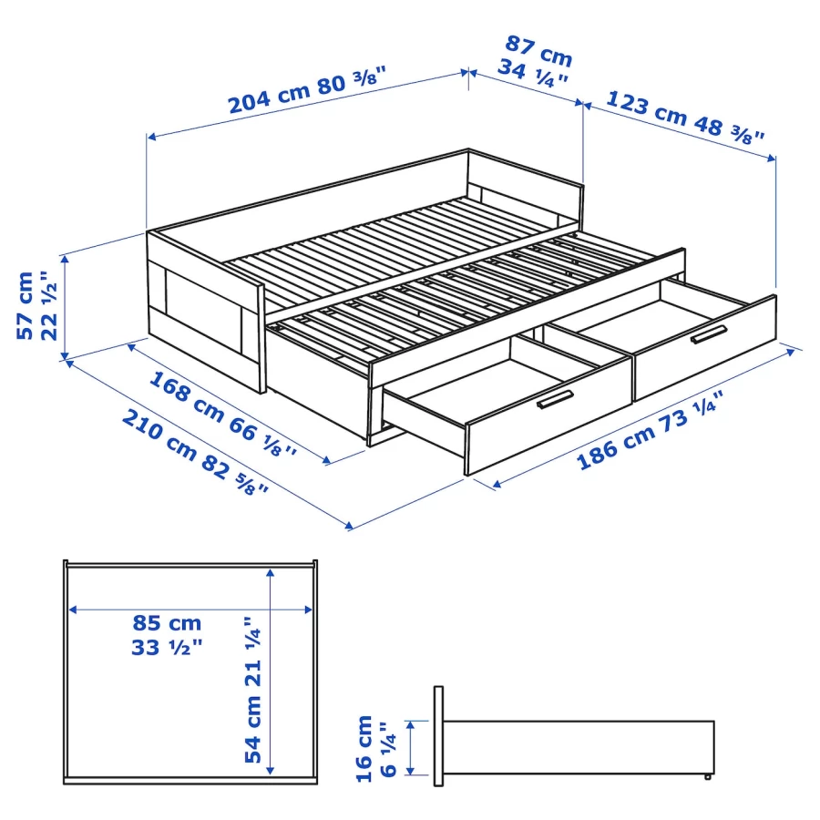Каркас кровати-кушетки c 2 ящиками - IKEA BRIMNES, 80х200 см, белый, БРИМНЭС/БРИМНЕС ИКЕА (изображение №8)