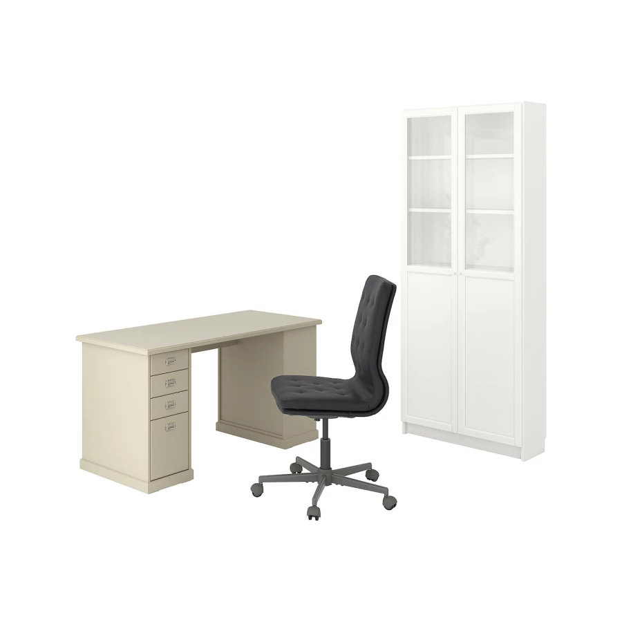 Комбинация письменного стола/шкафа и вращающегося стула - IKEA MULLFJÄLLET, бежевый/светло-серый, МУЛЛЬФЬЕЛЛЕТ ИКЕА (изображение №1)
