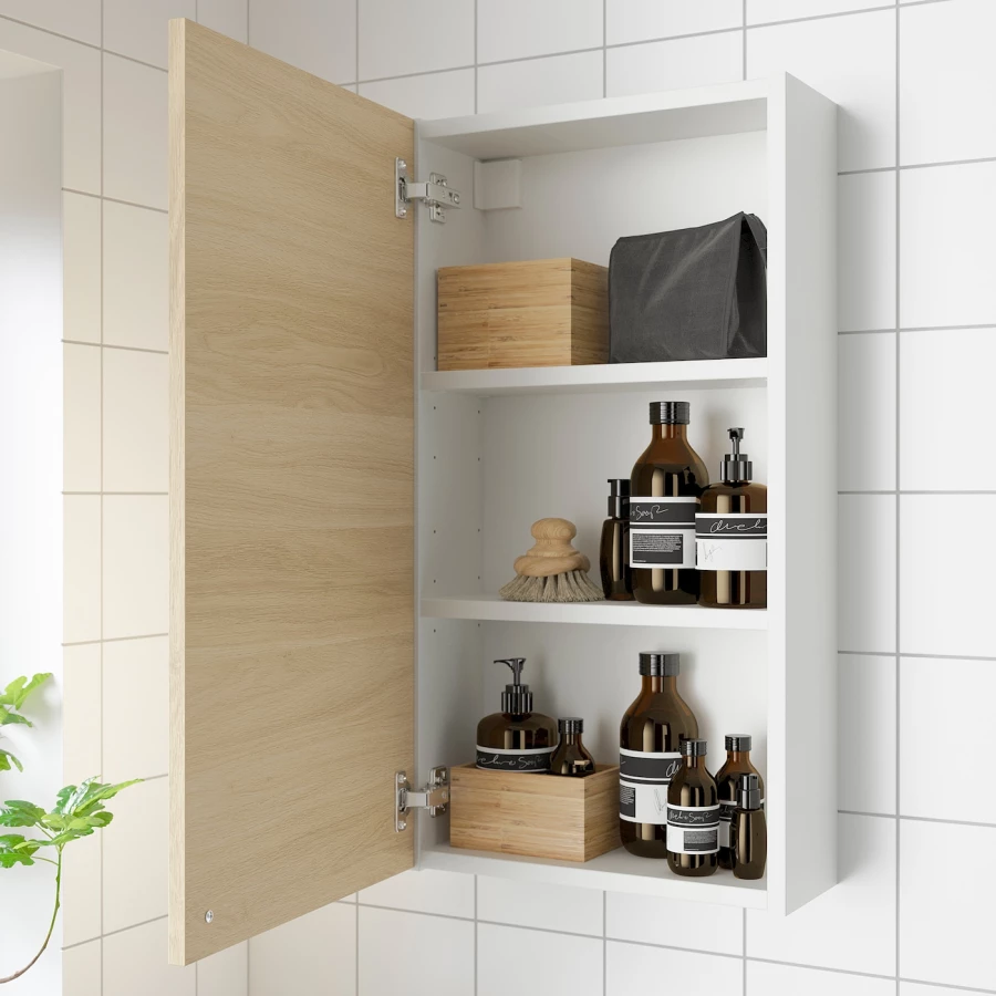Настенный шкаф для ванной комнаты - ENHET IKEA/ ЭНХЕТ ИКЕА, 40x15x75 см, белый/бежевый (изображение №2)