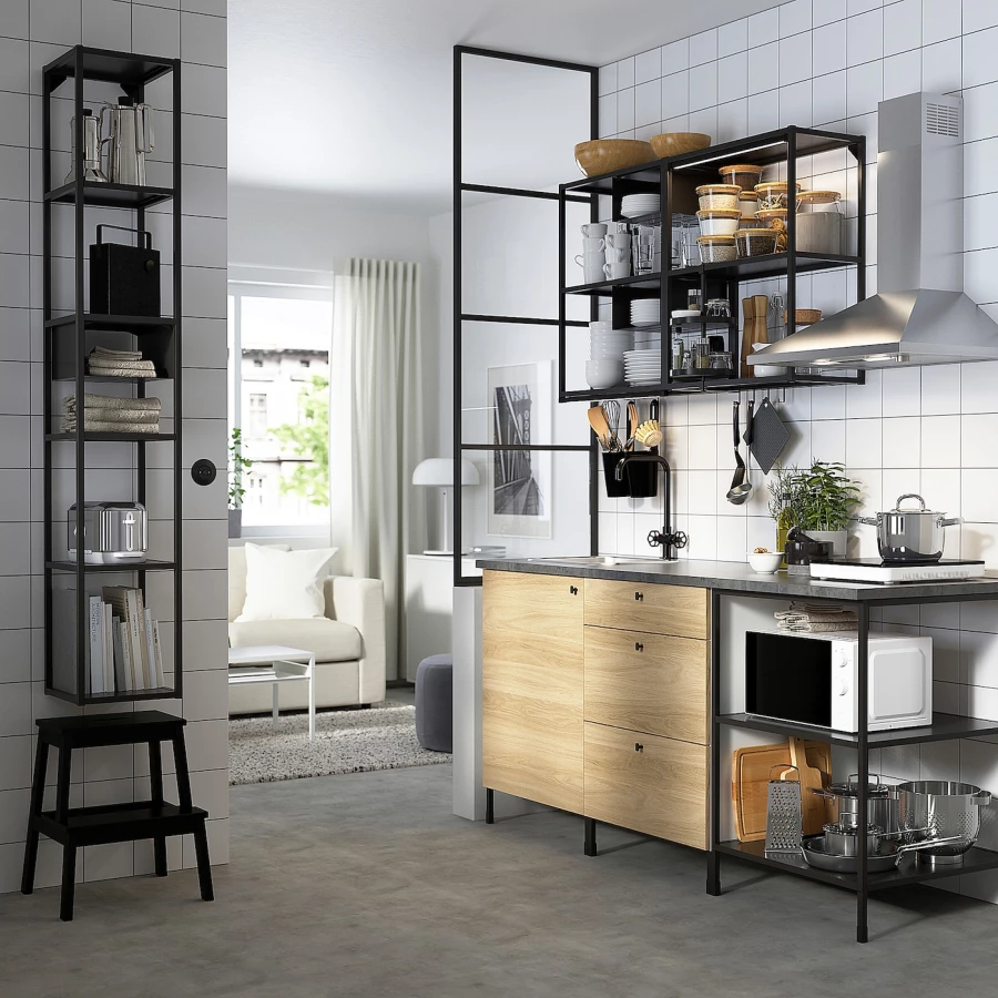 Комбинация для кухонного хранения  - ENHET  IKEA/ ЭНХЕТ ИКЕА, 183x63,5x222 см, белый/бежевый/черный (изображение №2)