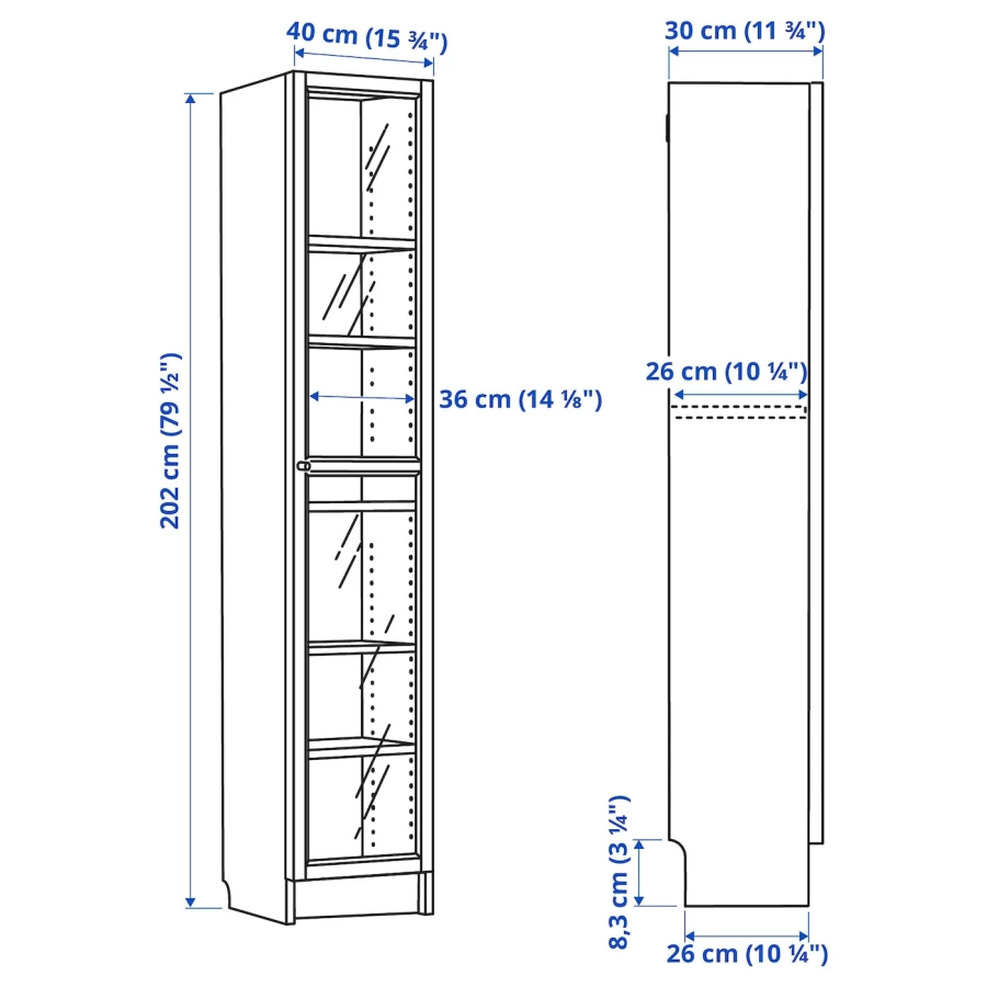 Книжный шкаф со стеклянной дверью - BILLY/OXBERG IKЕA/БИЛЛИ/ОКСБЕРГ ИКЕА, 30х40х202 см, белый (изображение №6)