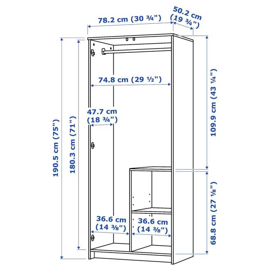 Шкаф платяной 2-дверный - IKEA BRIMNES/БРИМНЭС/БРИМНЕС ИКЕА, 78х190 см, белый, (изображение №9)