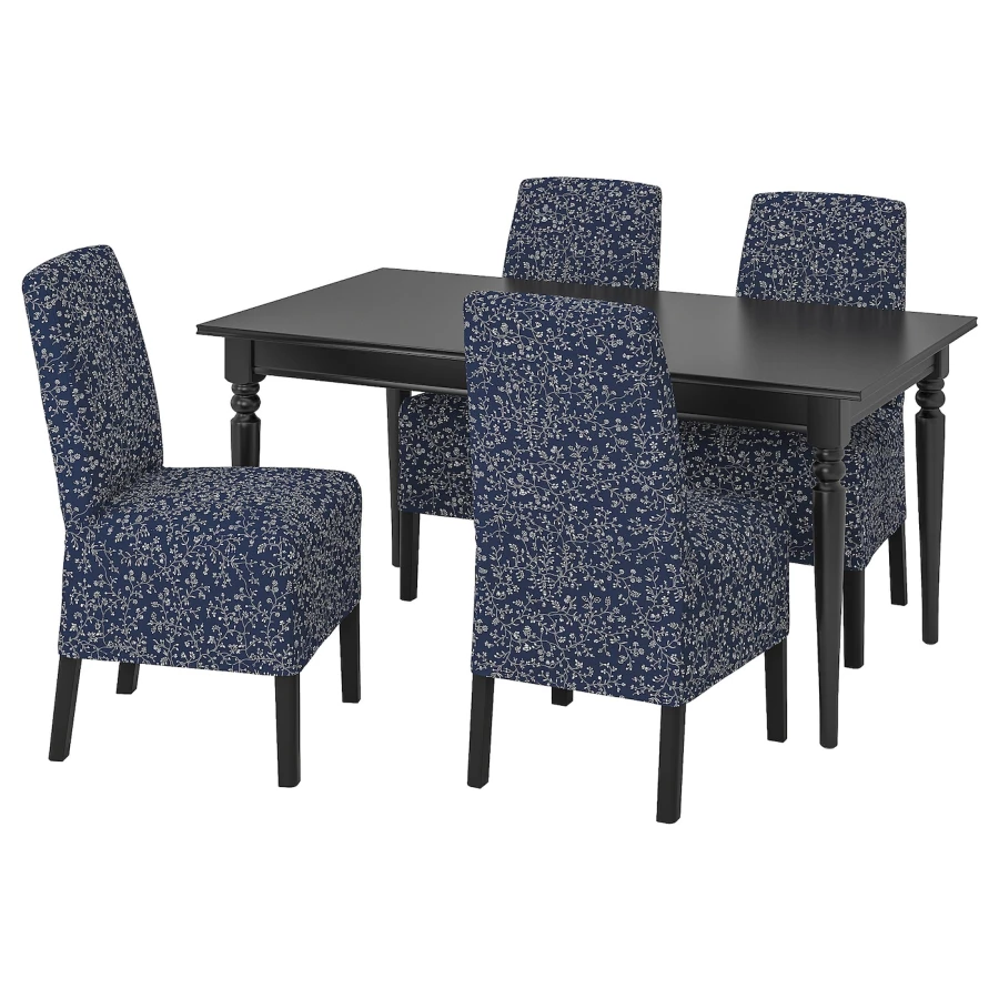 Стол и 4 стула - INGATORP / BERGMUND IKEA/ ИНГАТОРП/БЕРГМУНД ИКЕА, 215/155х87 см, синий с рисунком/коричневый (изображение №1)