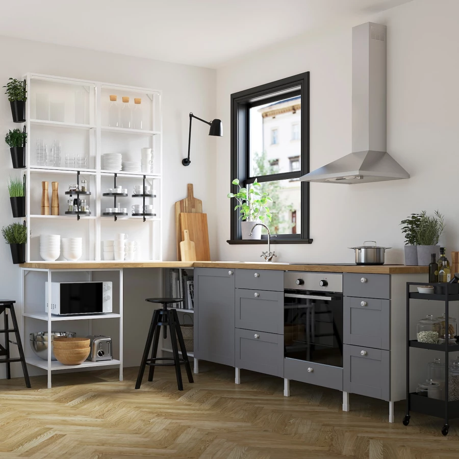 Угловая кухонная комбинация для хранения - ENHET  IKEA/ ЭНХЕТ ИКЕА, 181,5х281,5х75 см, белый/серый/бежевый (изображение №2)