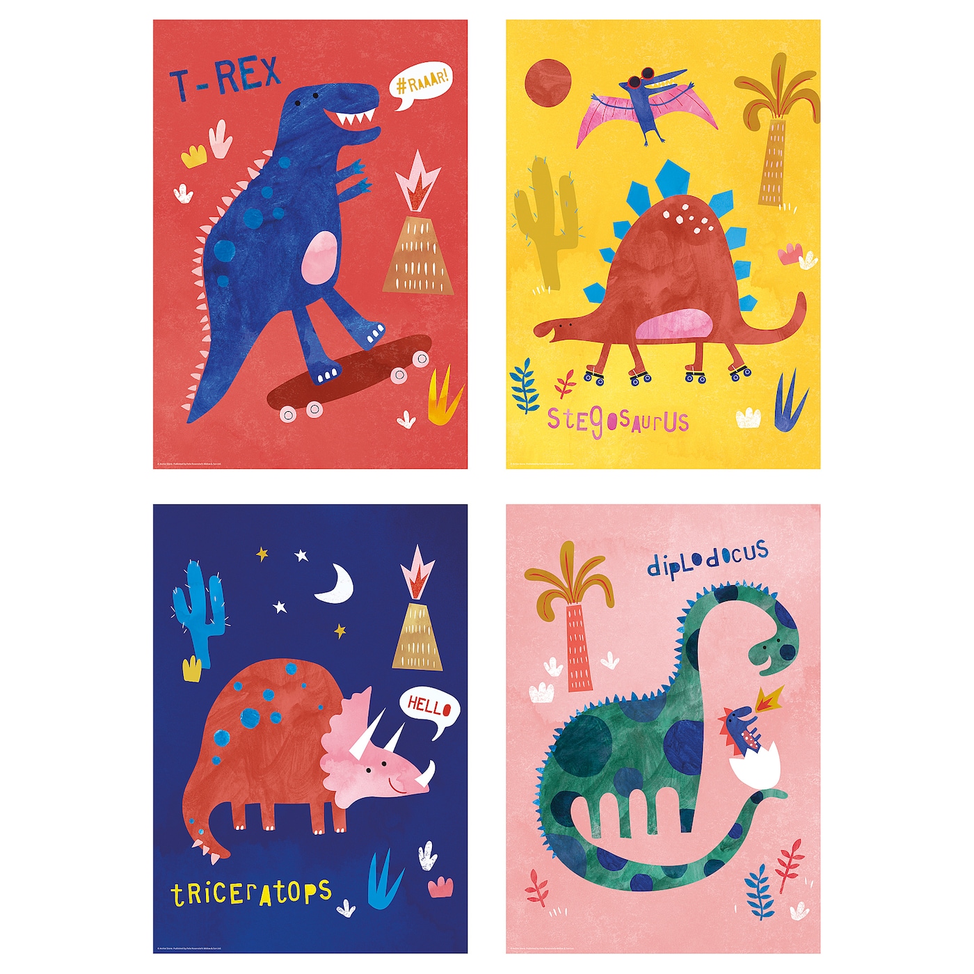 Постер, 4 шт. - IKEA BILD, 21х30 см, «Красочные динозавры», БИЛЬД ИКЕА