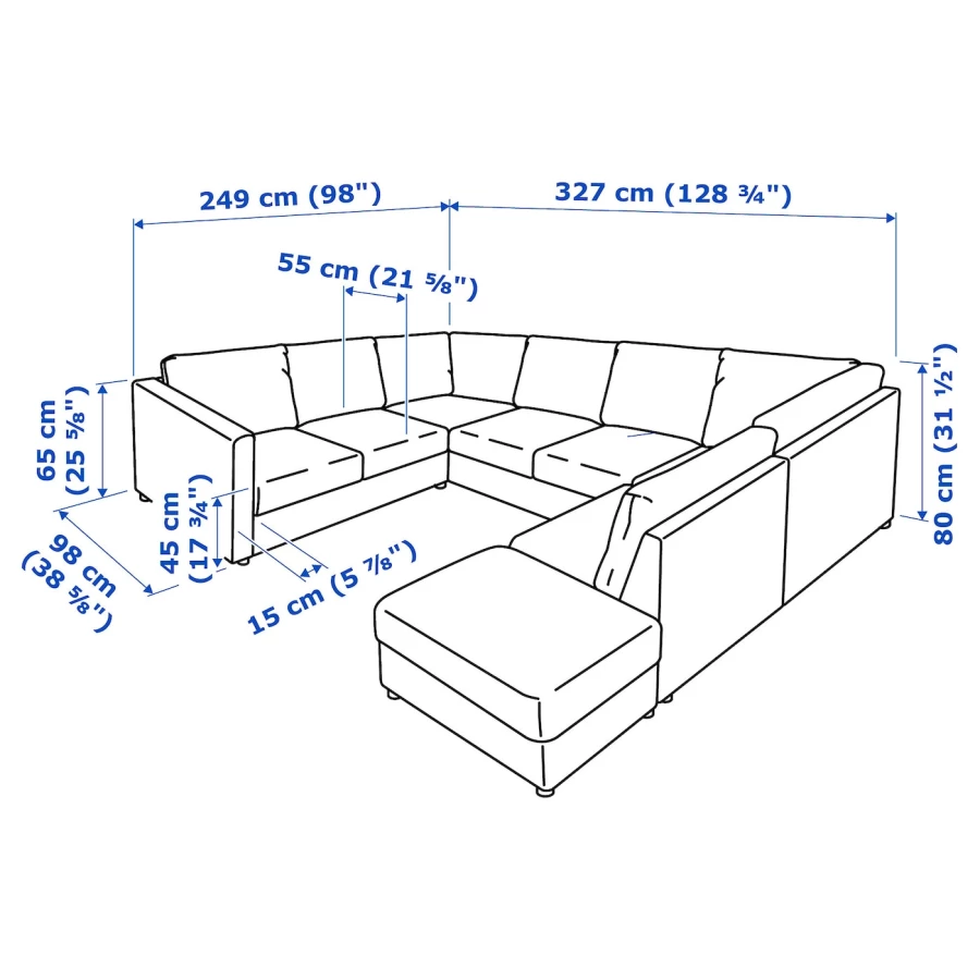 6-местный угловой диван с шезлонгом - IKEA VIMLE/GRANN/BOMSTAD, черный, кожа, 327х249х80 см, ВИМЛЕ/ГРАНН/БУМСТАД ИКЕА (изображение №7)