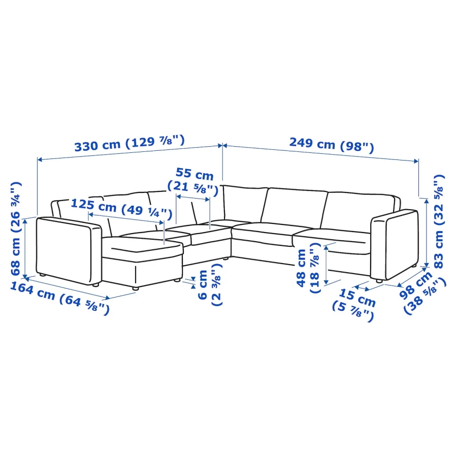 Диван угловой 4-местный - IKEA VIMLE, 330/249х98/164х83 см, черный, ВИМЛЕ ИКЕА (изображение №8)