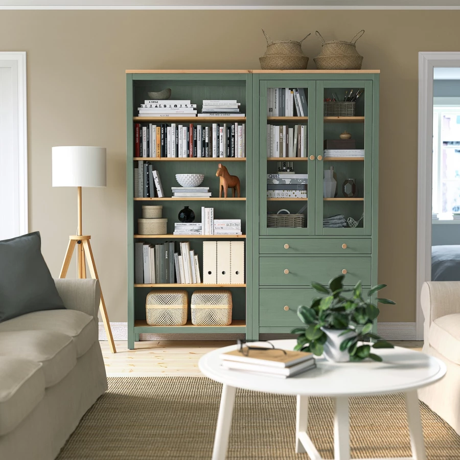 Комбинация для хранения - IKEA HEMNES/ ХЕМНЕС ИКЕА, 180x197 см, серо-зеленый/светло-коричневая морилка (изображение №3)