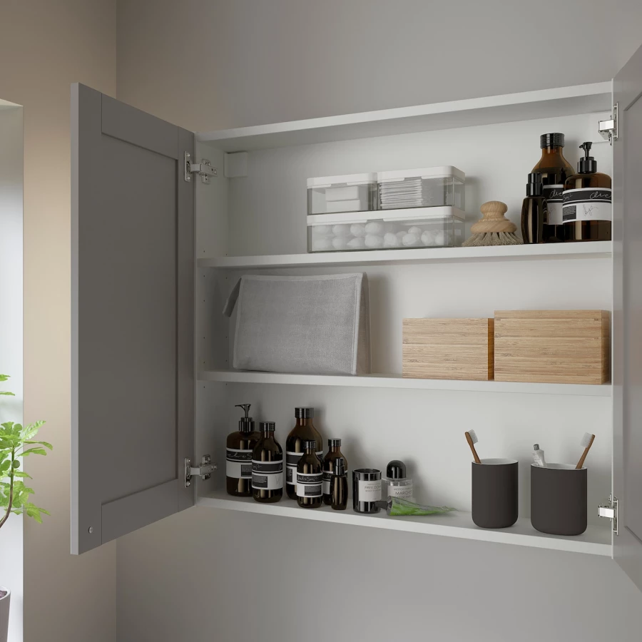 Настенный шкаф для ванной комнаты - ENHET IKEA/ ЭНХЕТ ИКЕА, 80х75х17 см, серый/белый (изображение №3)