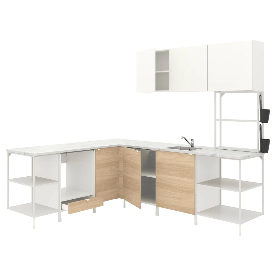 Угловой кухонный гарнитур - IKEA ENHET, 210.5х248.5х75 см, белый/имитация дуба, ЭНХЕТ ИКЕА (изображение №1)