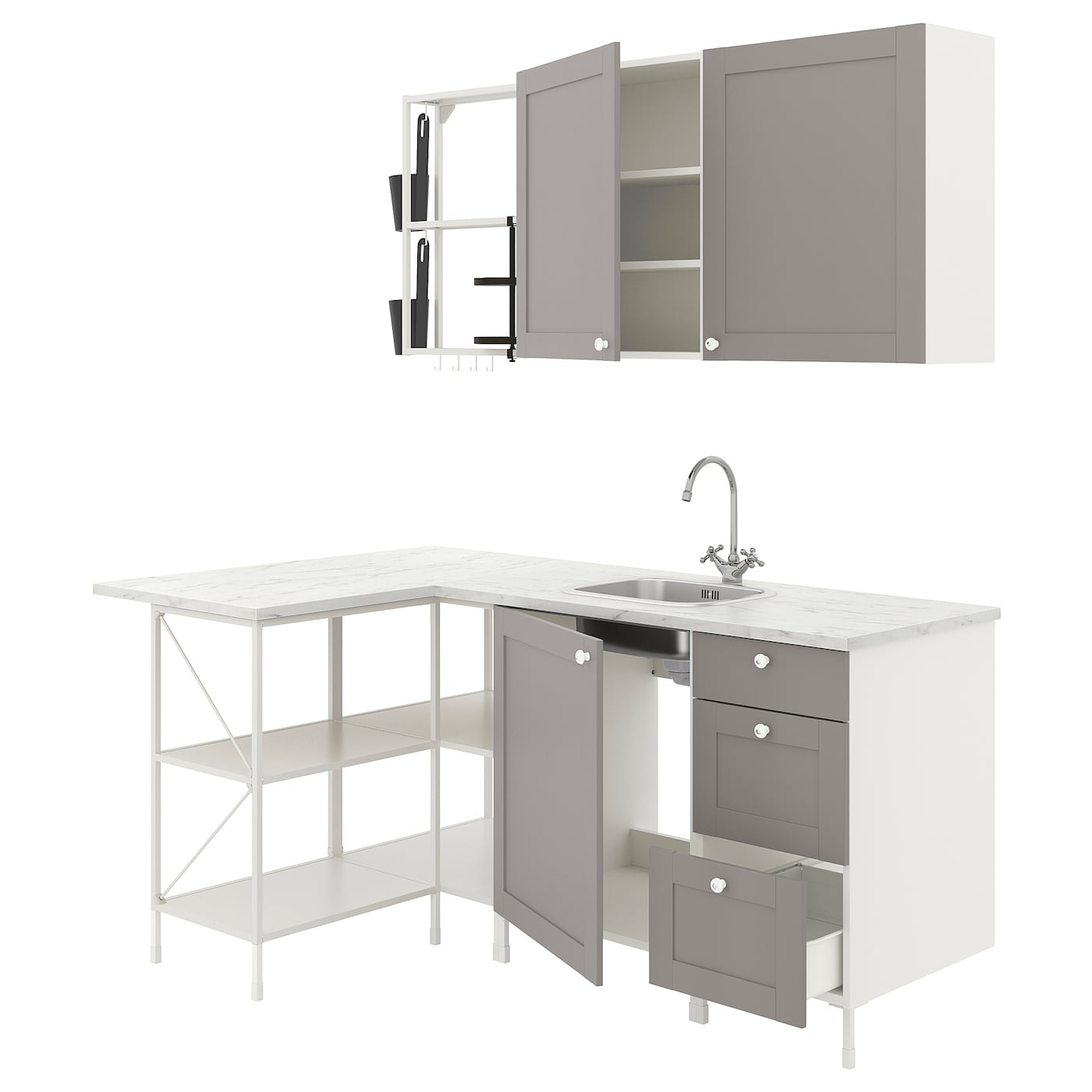 Угловая кухонная комбинация для хранения - ENHET  IKEA/ ЭНХЕТ ИКЕА, 121,5х185х75  см, белый/серый