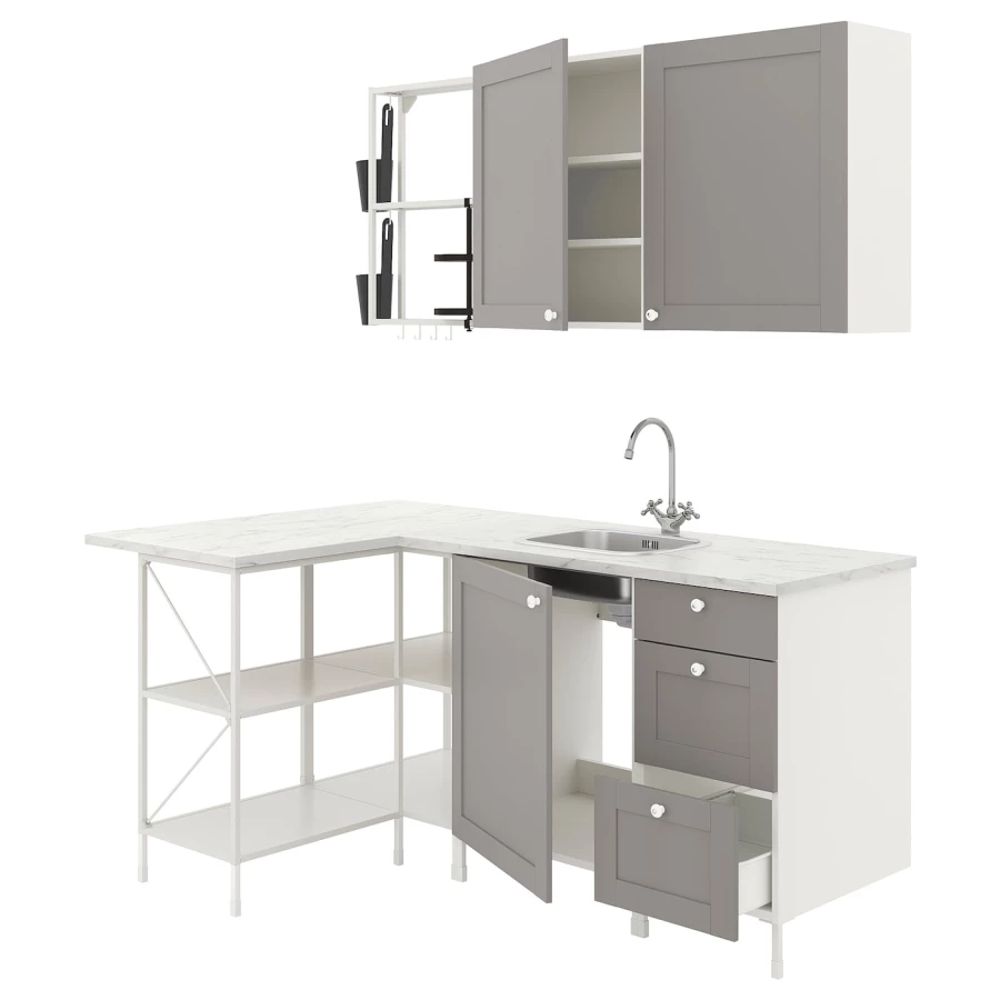 Угловая кухонная комбинация для хранения - ENHET  IKEA/ ЭНХЕТ ИКЕА, 121,5х185х75  см, белый/серый (изображение №1)