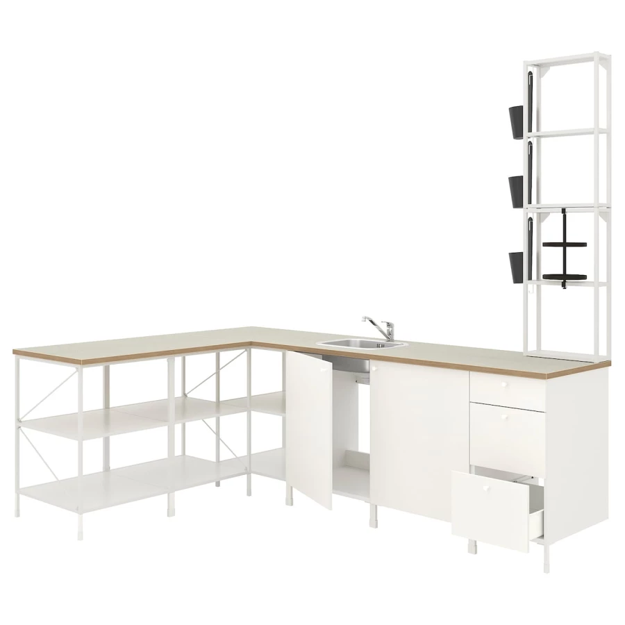 Угловая кухня -  ENHET  IKEA/ ЭНХЕТ ИКЕА, 245х150 см, белый/бежевый (изображение №1)