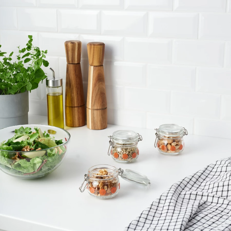 Банка с крышкой, 3 шт. - IKEA KORKEN, 7х7 см, стекло/оранжевый, КОРКЕН ИКЕА (изображение №3)