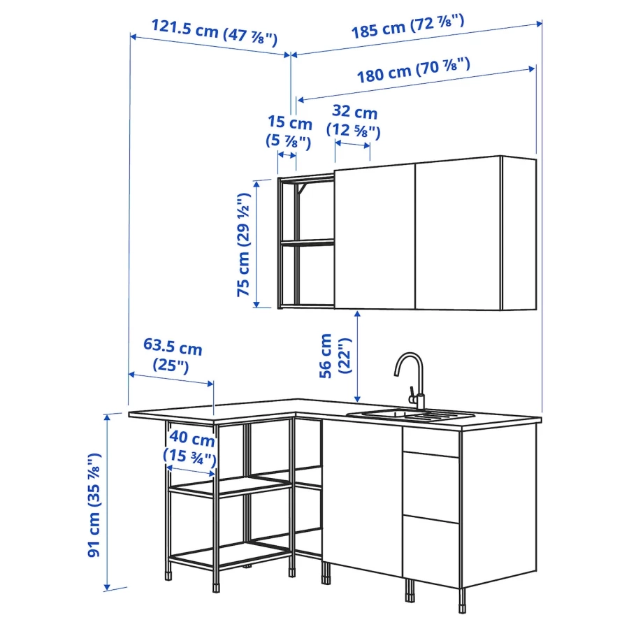 Угловая кухонная комбинация для хранения - ENHET  IKEA/ ЭНХЕТ ИКЕА, 121,5х185х75  см, белый/серый (изображение №3)