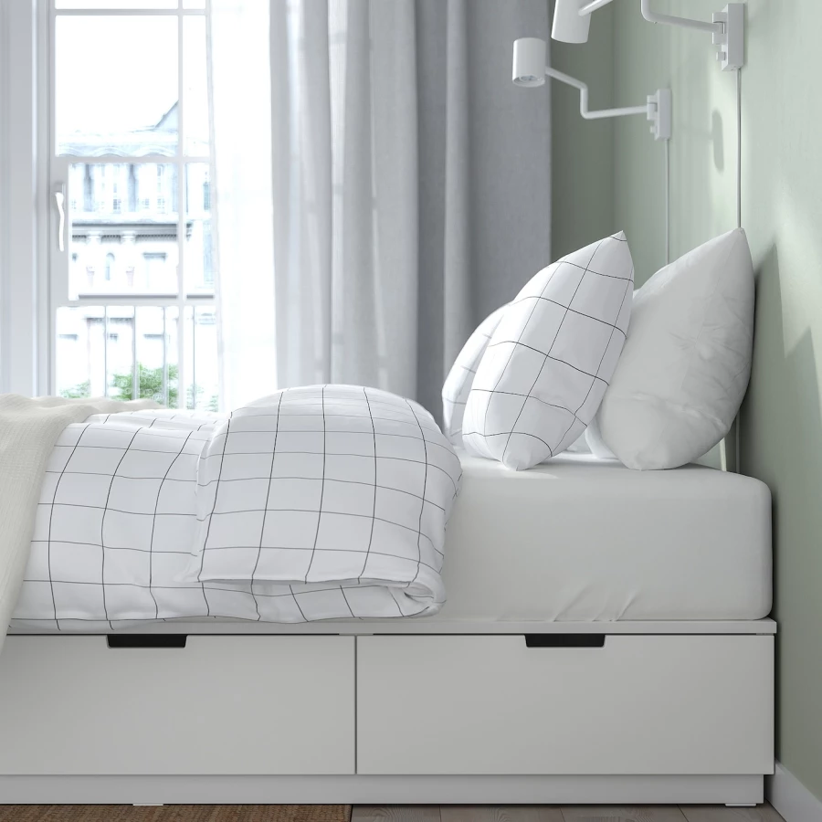 Каркас кровати с ящиком для хранения и матрасом - IKEA NORDLI, 200х140 см, матрас средне-жесткий, белый, НОРДЛИ ИКЕА (изображение №6)