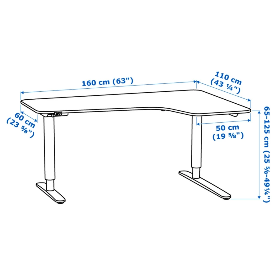 Письменный стол (правый угол) - IKEA BEKANT, 160х110х65-125 см, белый/синий, БЕКАНТ ИКЕА (изображение №7)