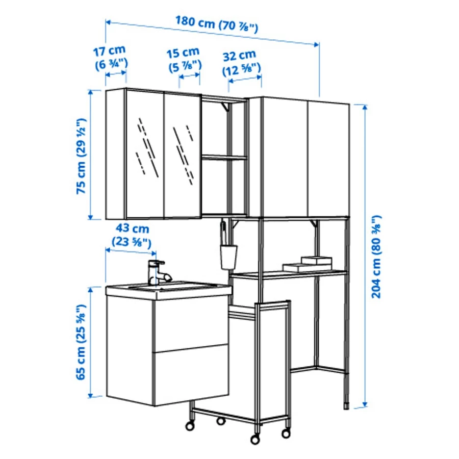 Комбинация для ванной - IKEA ENHET,  180x43x204 см, белый/имитация дуба, ЭНХЕТ ИКЕА (изображение №4)