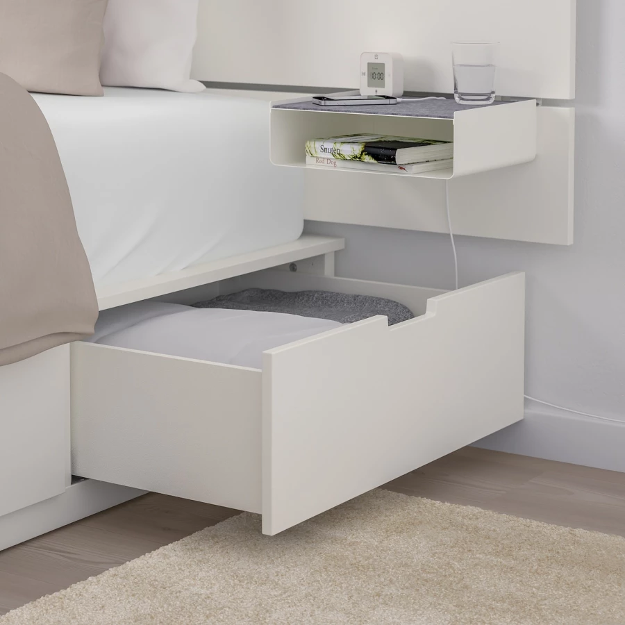 Каркас кровати с ящиком для хранения и матрасом - IKEA NORDLI, 200х140 см, матрас жесткий, белый, НОРДЛИ ИКЕА (изображение №8)