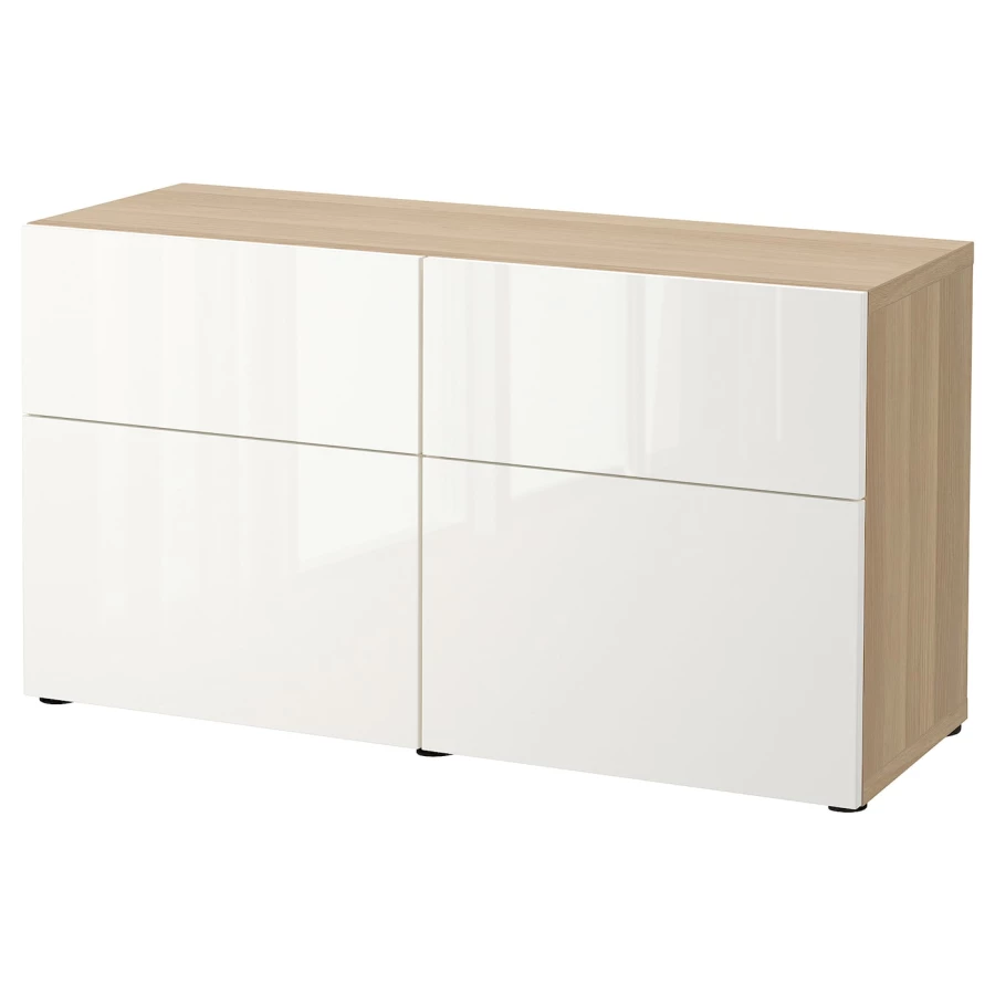 Комбинация для хранения - IKEA BESTÅ/BESTA, 120х42х65 см, белый глянец/под беленый дуб, БЕСТО ИКЕА (изображение №1)