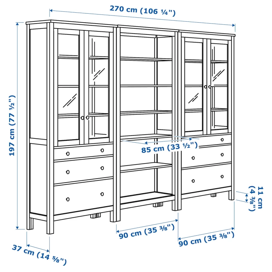 Шкаф со стеклянными дверцами - IKEA HEMNES/ХЕМНЭС  ИКЕА, 270x197х37 ,коричневый (изображение №3)