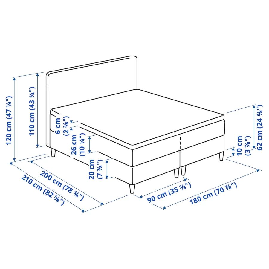 Континентальная кровать - IKEA DUNVIK, 200х180 см, матрас твердый/средне-жесткая, темно-серый, ДУНВИК ИКЕА (изображение №11)