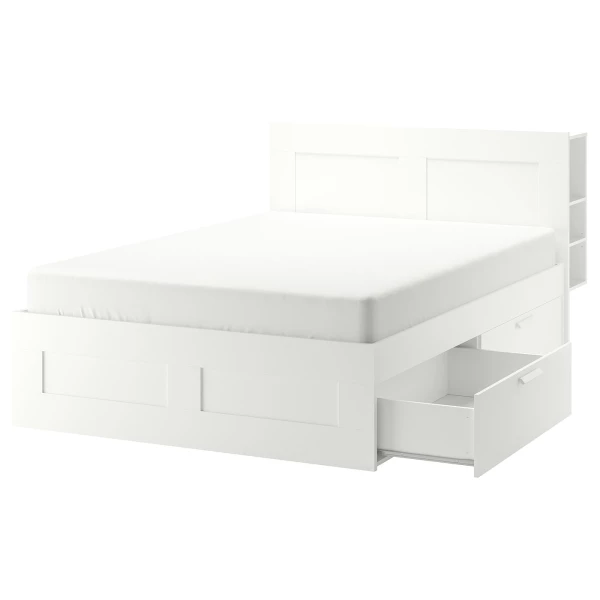 Каркас кровати с изголовьем и ящиками - IKEA BRIMNES/LÖNSET/LONSET, 140х200 см, белый, БРИМНЭС/БРИМНЕС/ЛОНСЕТ ИКЕА