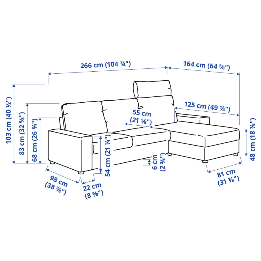 3-местный диван с шезлонгом - IKEA VIMLE, 98x266см, бежевый, ВИМЛЕ ИКЕА (изображение №8)