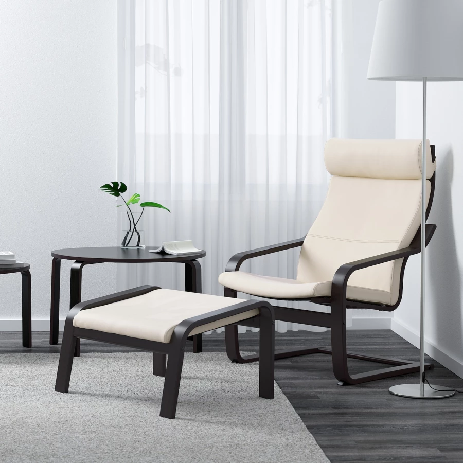 Кресло с подставкой для ног - IKEA POÄNG/POANG/ИКЕА ПОЭНГ, 100х82х68см, черно-коричневый/глос кремовый/молочный (изображение №4)