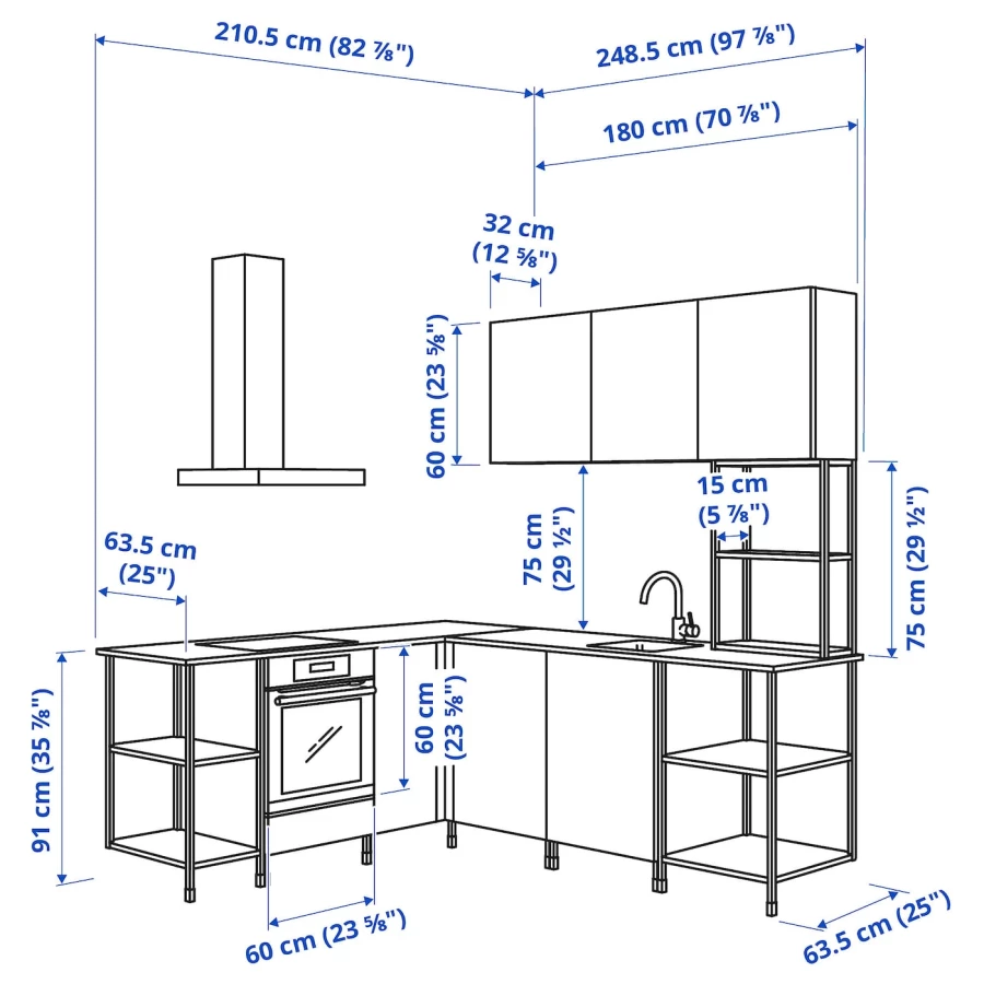 Угловой кухонный гарнитур - IKEA ENHET, 210.5х248.5х75 см, белый, ЭНХЕТ ИКЕА (изображение №3)