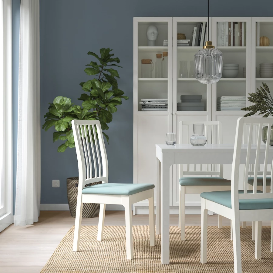 Деревянный стул с мягкой обивкой - EKEDALEN IKEA/ ЭКЕДАЛЕН ИКЕА, 95х45х51 см, белый/голубой (изображение №7)