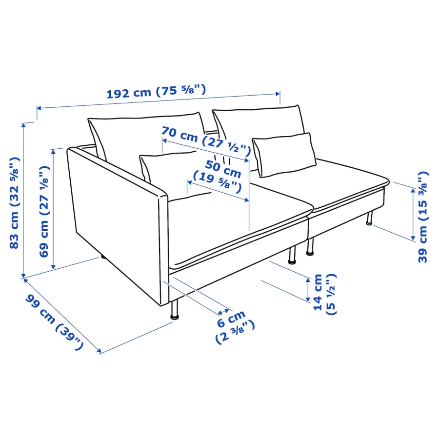 3-местный диван - IKEA SÖDERHAMN/SODERHAMN, 99x192см, серый/светло-серый, СОДЭРХАМН ИКЕА (изображение №8)