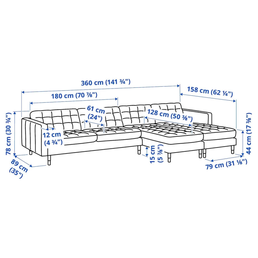 5-местный диван с шезлонгом - IKEA LANDSKRONA, 78x158x360см, светло-серый, ЛАНДСКРУНА ИКЕА (изображение №9)