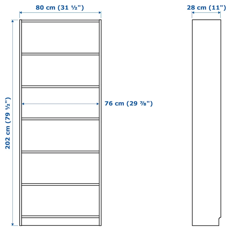 Открытый книжный шкаф - BILLY IKEA/БИЛЛИ ИКЕА, 28х80х202 см, белый (изображение №8)