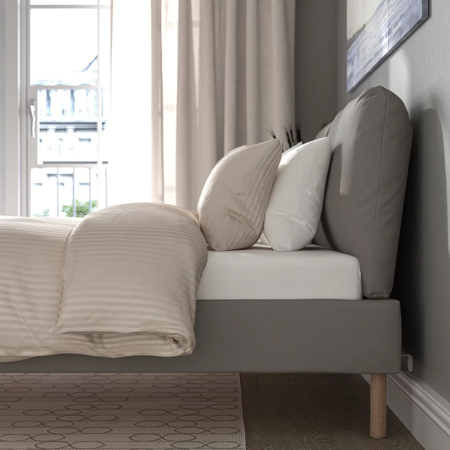 Каркас кровати с обивкой - IKEA SAGESUND, 200х140 см, серый, САГЕСЕНД ИКЕА (изображение №4)