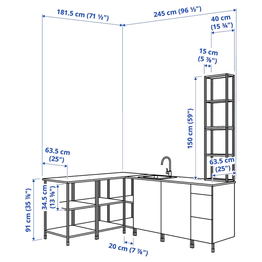 Кухонная комбинация угловая - ENHET  IKEA/ ЭНХЕТ ИКЕА, 181,5х245х75 см, белый/черный (изображение №3)