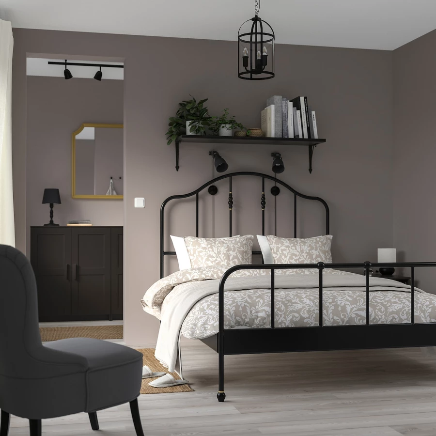 Двуспальная кровать - IKEA SAGSTUA/LINDBÅDEN/LINDBADEN, 200х140 см, черный, САГСТУА/ЛИНДБАДЕН ИКЕА (изображение №3)