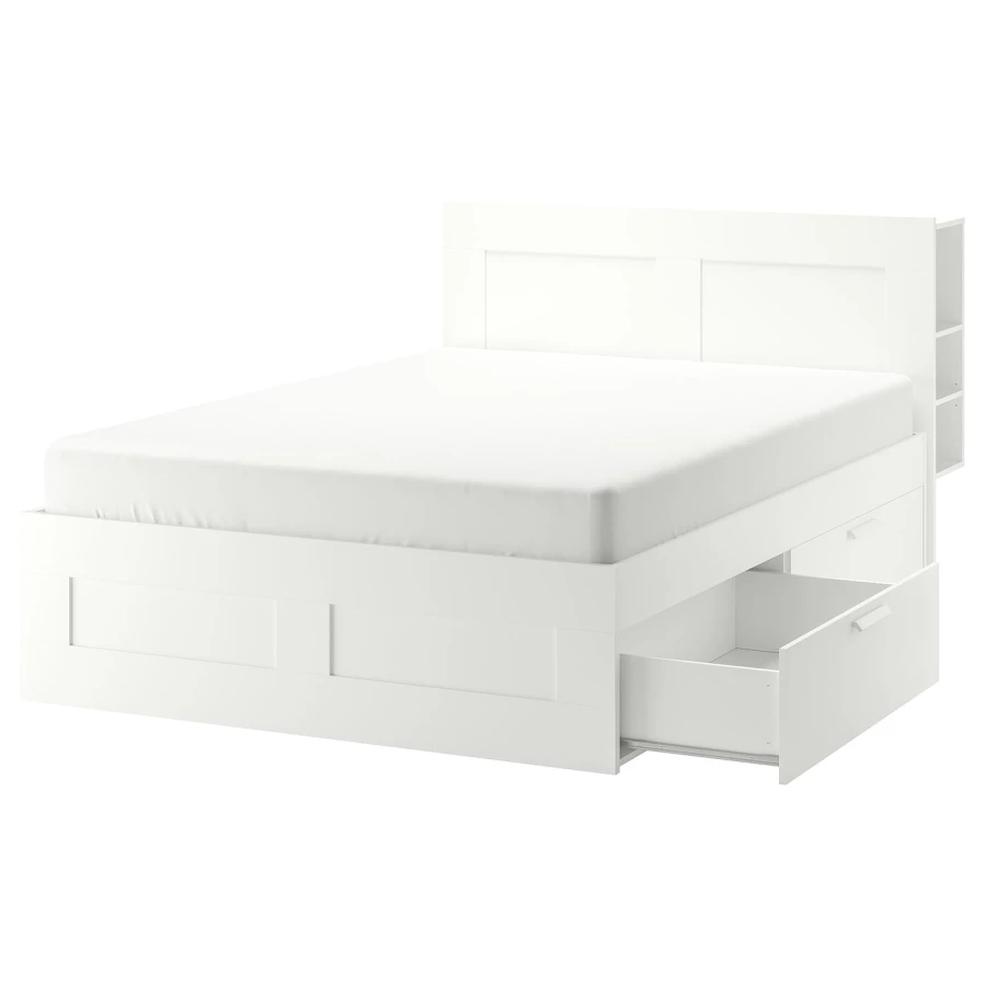 Каркас кровати с ящиком для хранения - IKEA BRIMNES, 200х140 см, белый, БРИМНЕС ИКЕА (изображение №1)